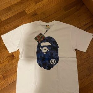 Bape White Tee with Blue Camo Ape Logo